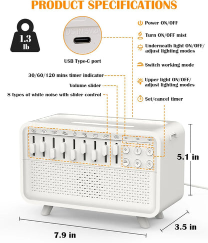 Bluetooth White Noise Machine with Aroma Diffuser,Humidifier & Night Light |8 Natural Sounds,3-Level Dimming for Sleep Therapy